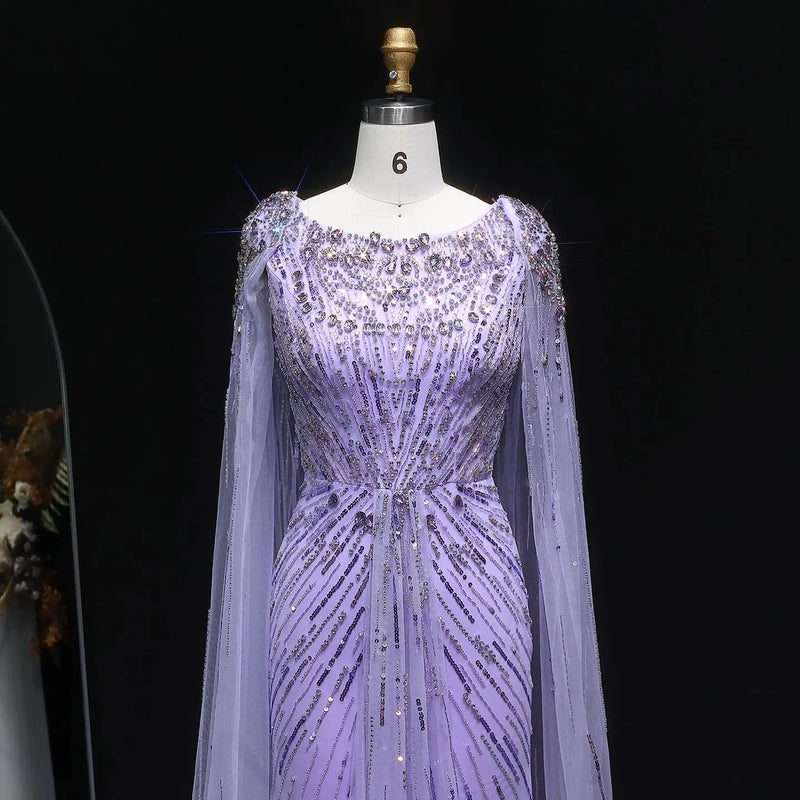 Luxury Crystal Lilac Evening Dress with Cape Sleeves SS549 