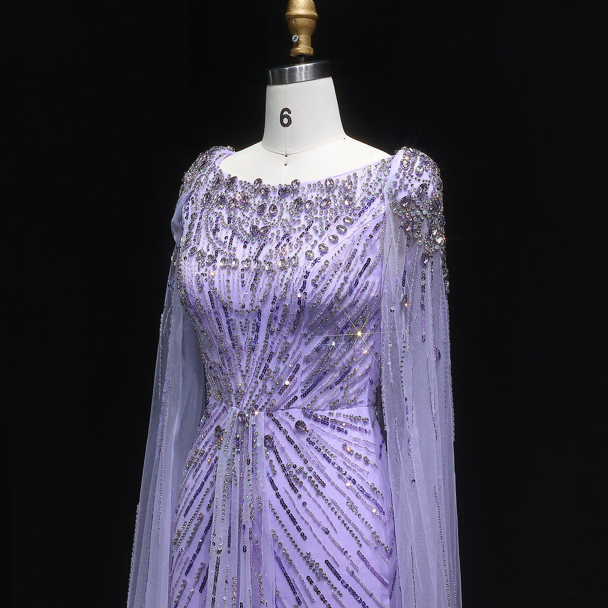 Luxury Crystal Lilac Evening Dress with Cape Sleeves SS549