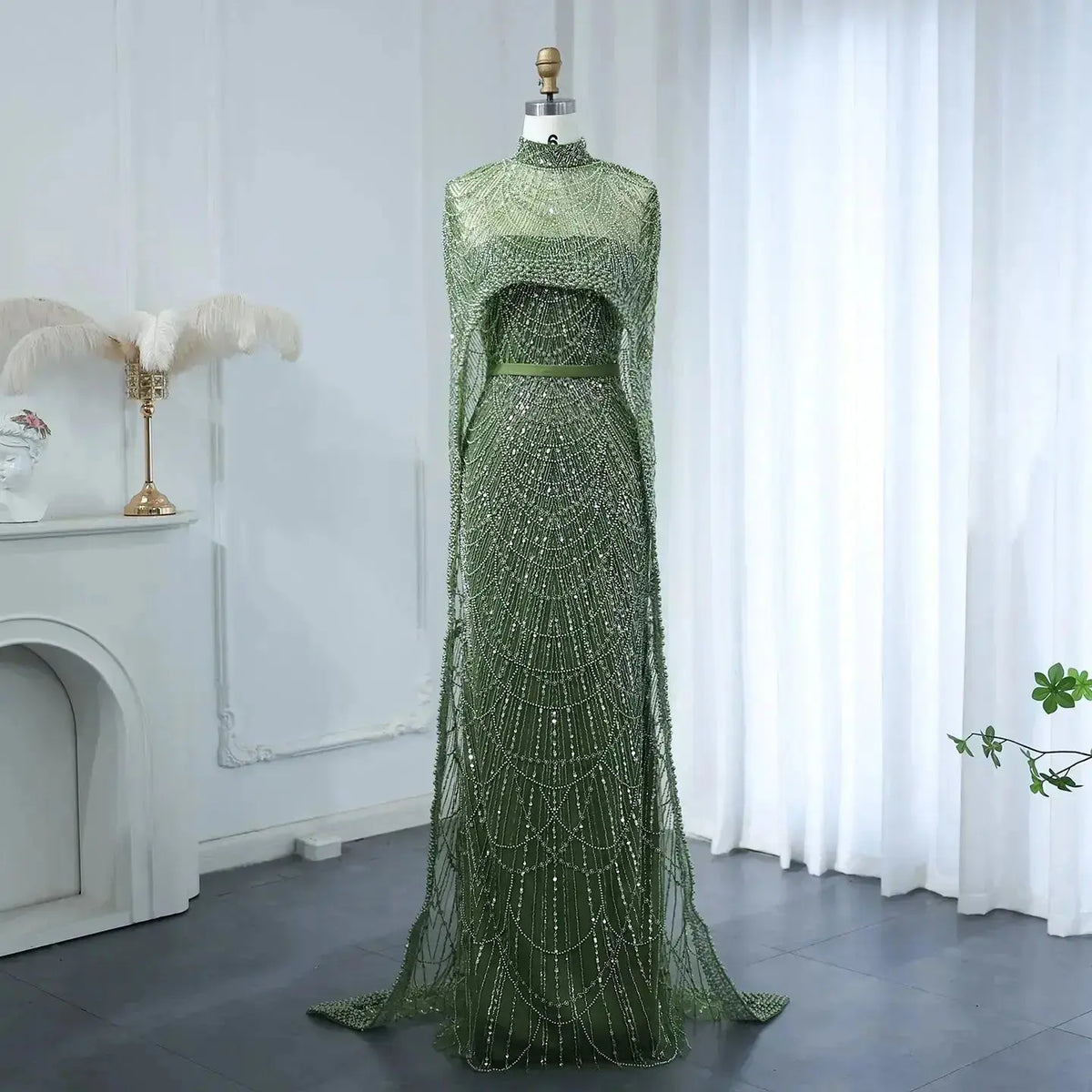 Luxury Pearls Champagne Evening Dress with Cape SS369 Luxury Pearls Champagne Evening Dress with Cape SS369