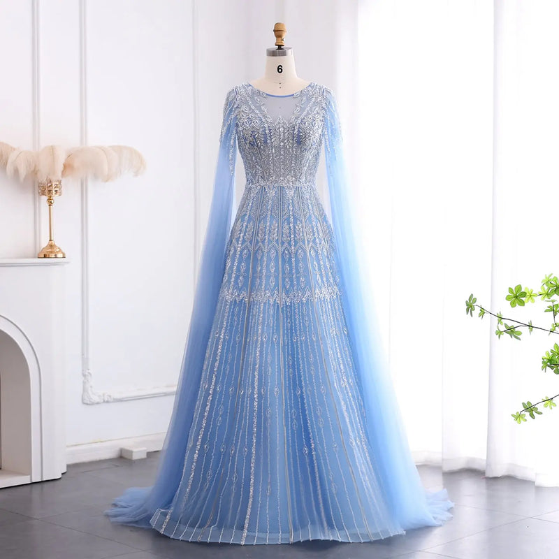 Luxury Blue Evening Dress with Cape Sleeves SS001 