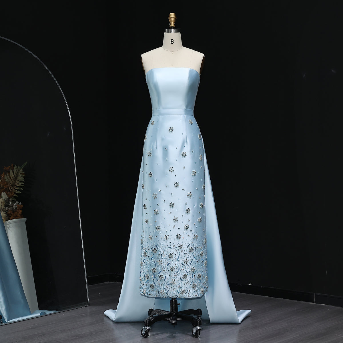 Luxury Blue Crystal Beaded Floral Evening Dress with Overskirt XD013 