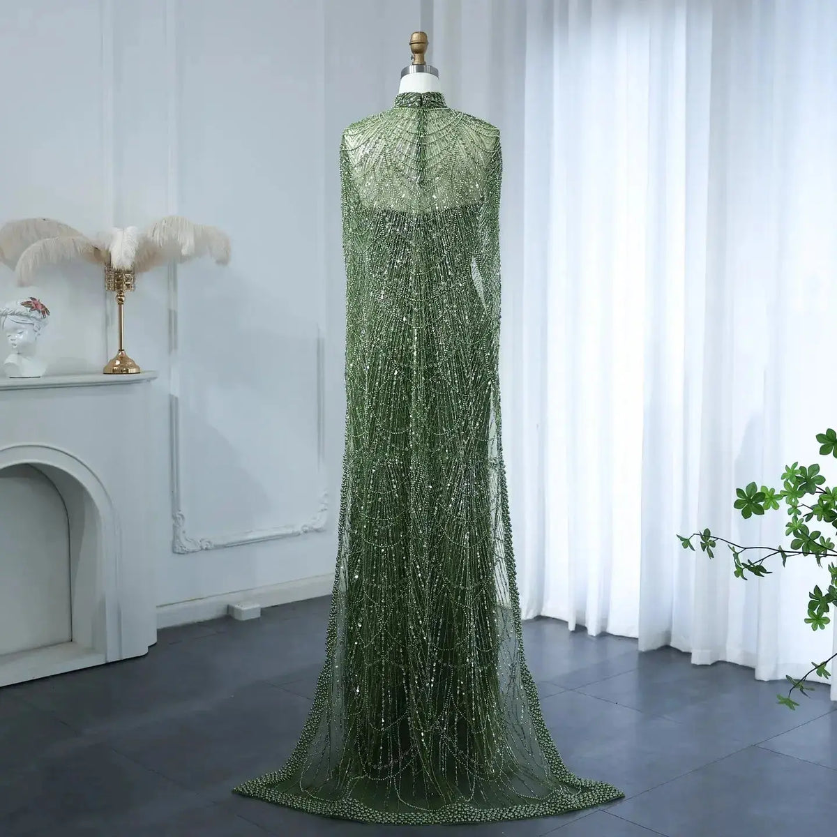 Luxury Pearls Champagne Evening Dress with Cape SS369 - SHARONSAID Luxury Pearls Champagne Evening Dress with Cape SS369 - SHARONSAID