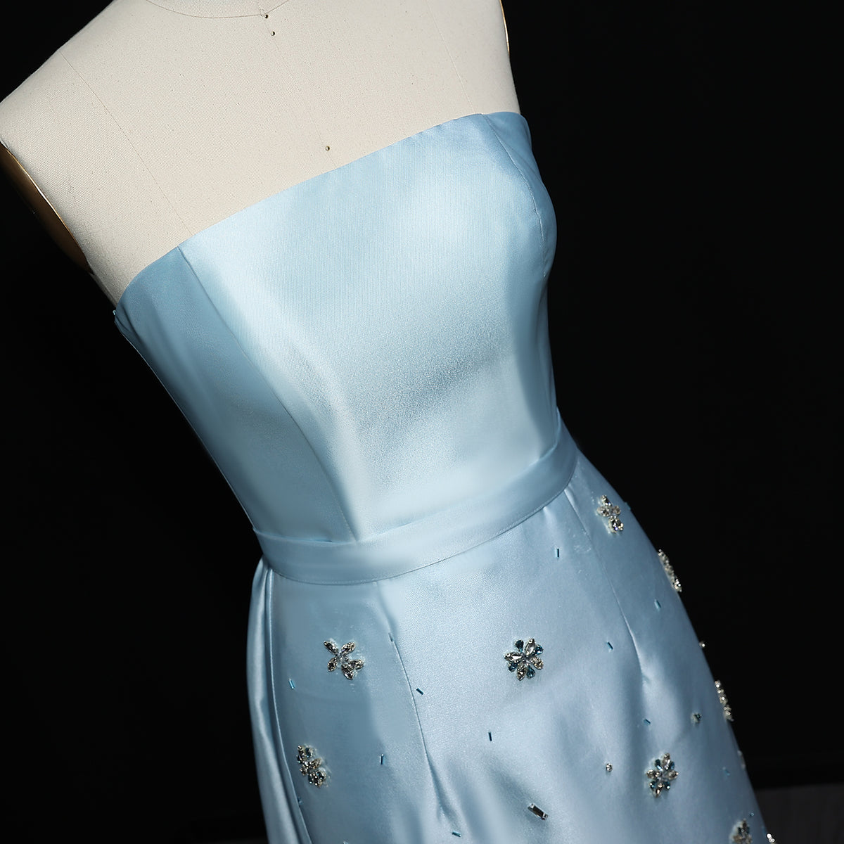 Luxury Blue Crystal Beaded Floral Evening Dress with Overskirt XD013 