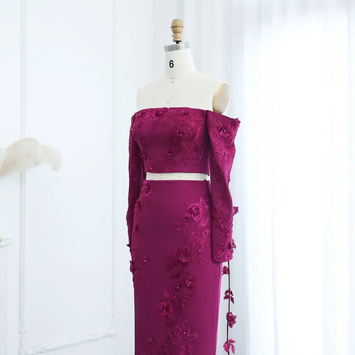 Elegant Off Shoulder Fuchsia Long Sleeves Evening Dress SF264 