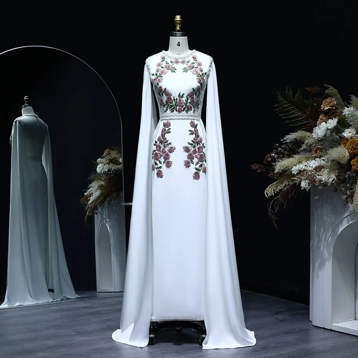 Luxury Embroidered Black Evening Dress with Cape Sleeves SS487 