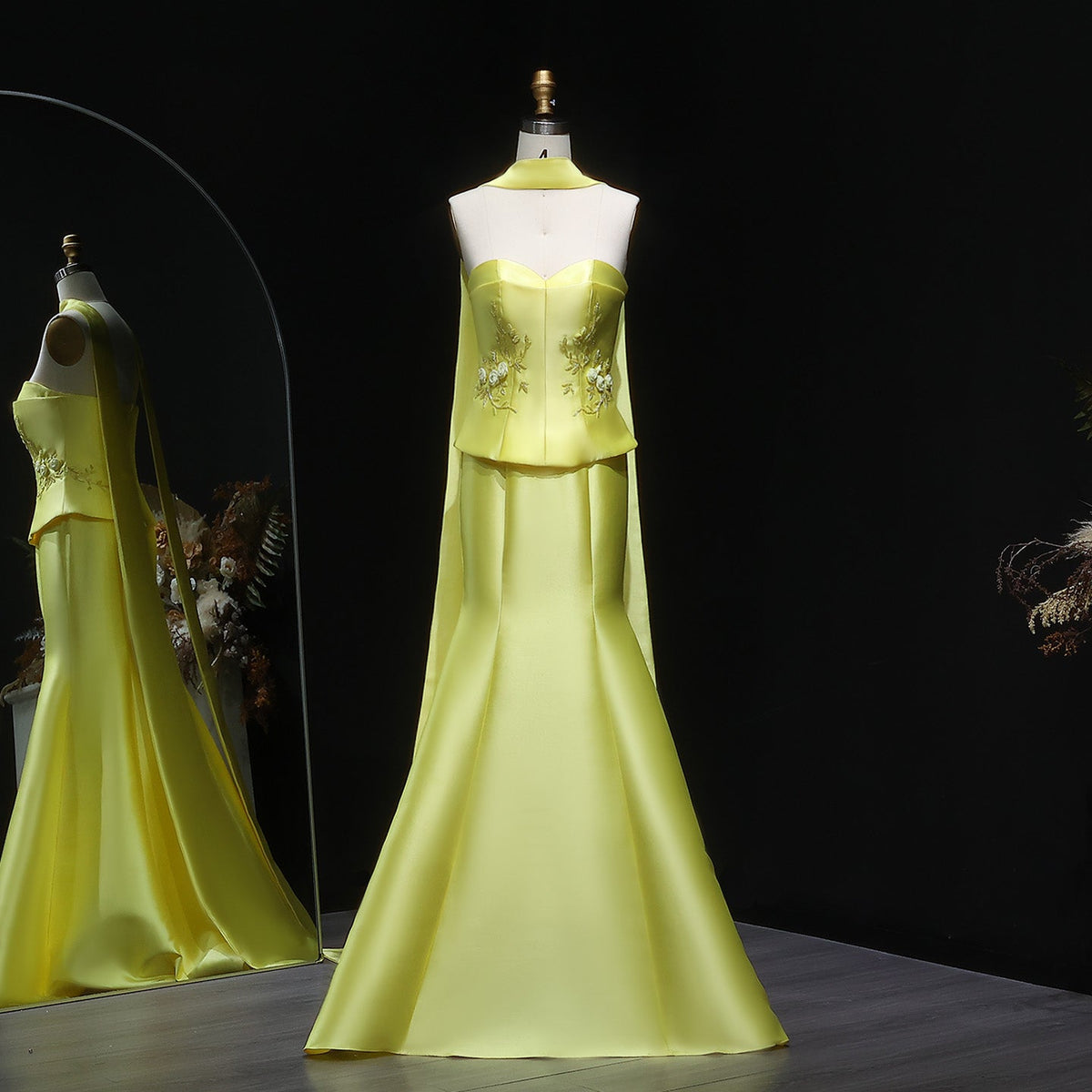 Elegant Blue Satin 3D Flowers Evening Dress with Scarf SS245  Yellow / US 20