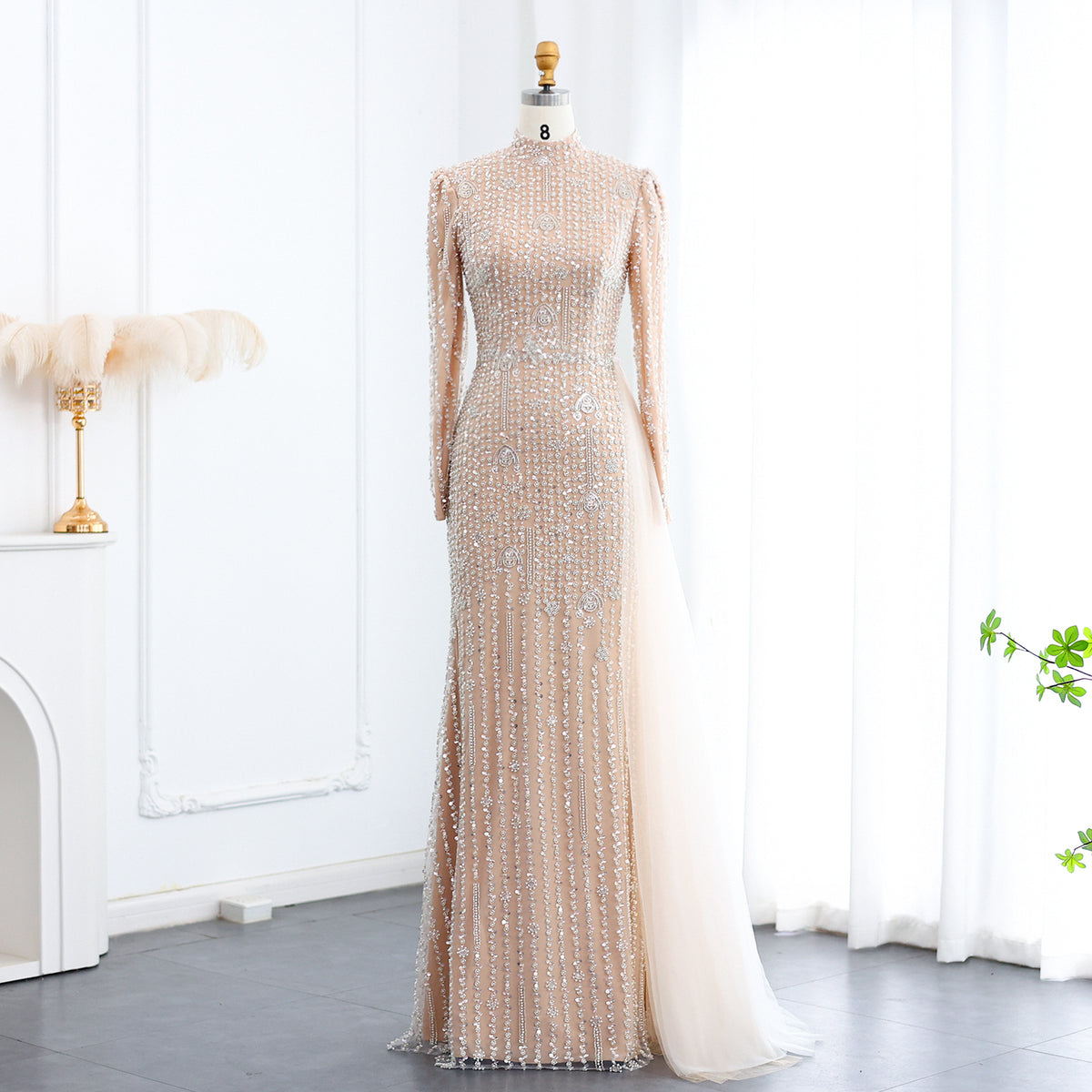 Luxury Long Sleeve Nude Evening Dress with Overskirt SS105