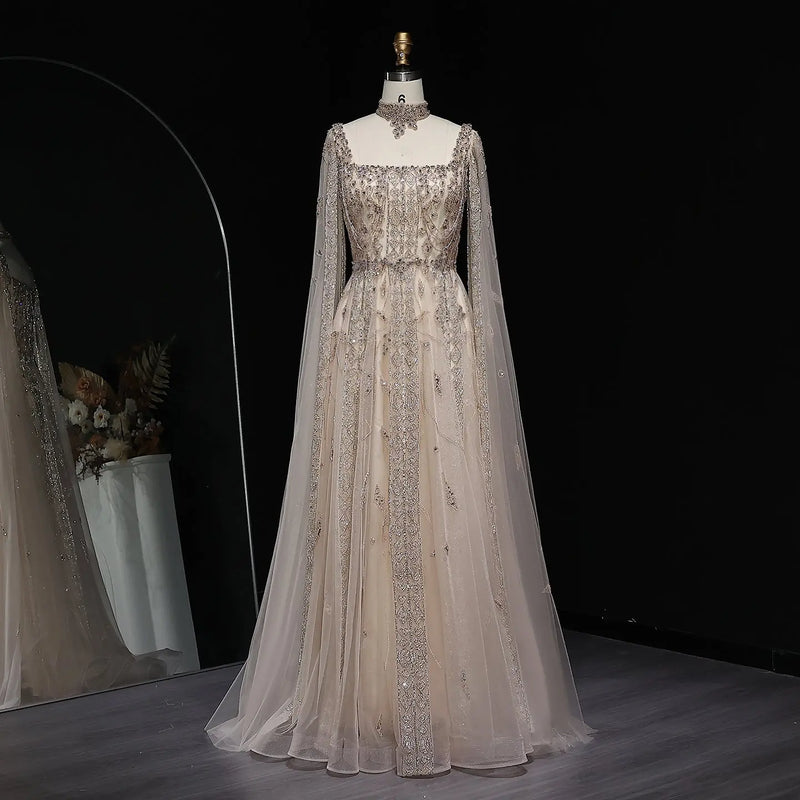 Luxury Nude Evening Dress with Cape Sleeves Chocker SS543 
