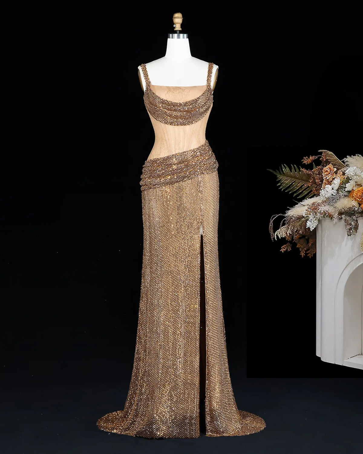 Champagne Sparkly High Slit Evening Dress-2