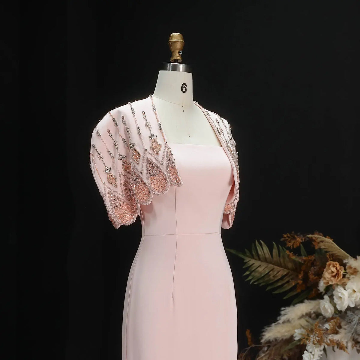 Pink Strapless Beaded Capelet Evening Dress SS302-9