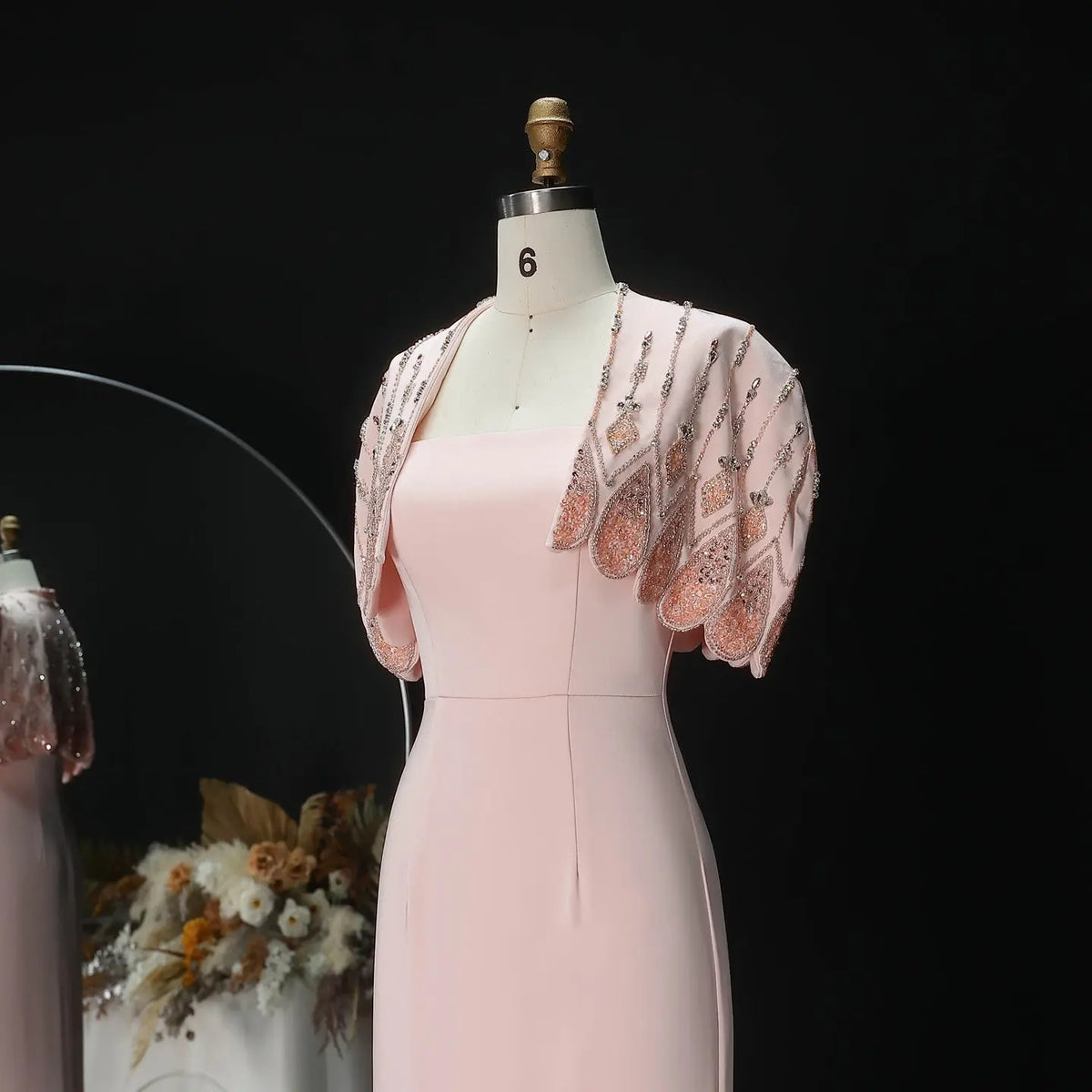 Pink Strapless Beaded Capelet Evening Dress SS302-10