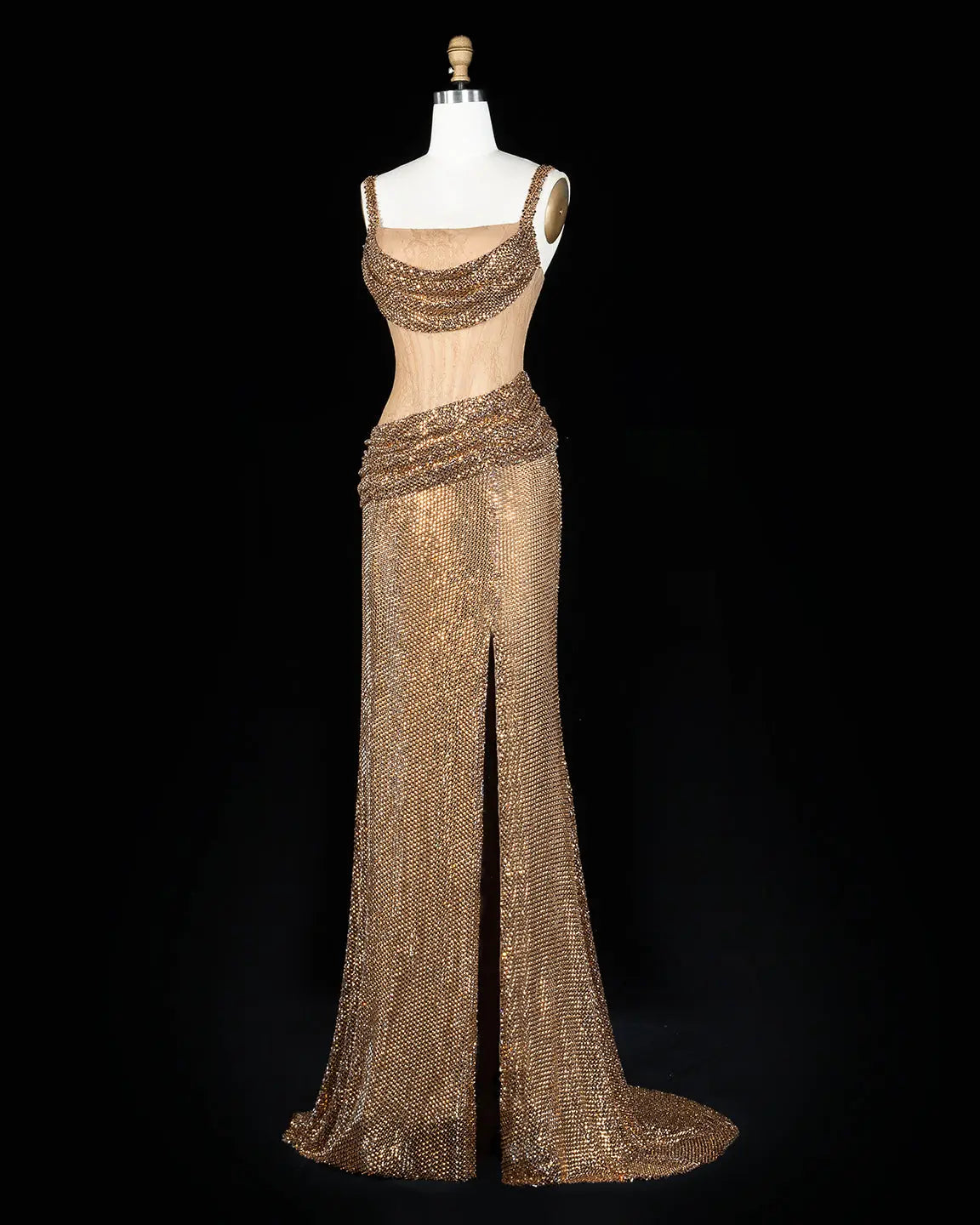 Champagne Sparkly High Slit Evening Dress-5