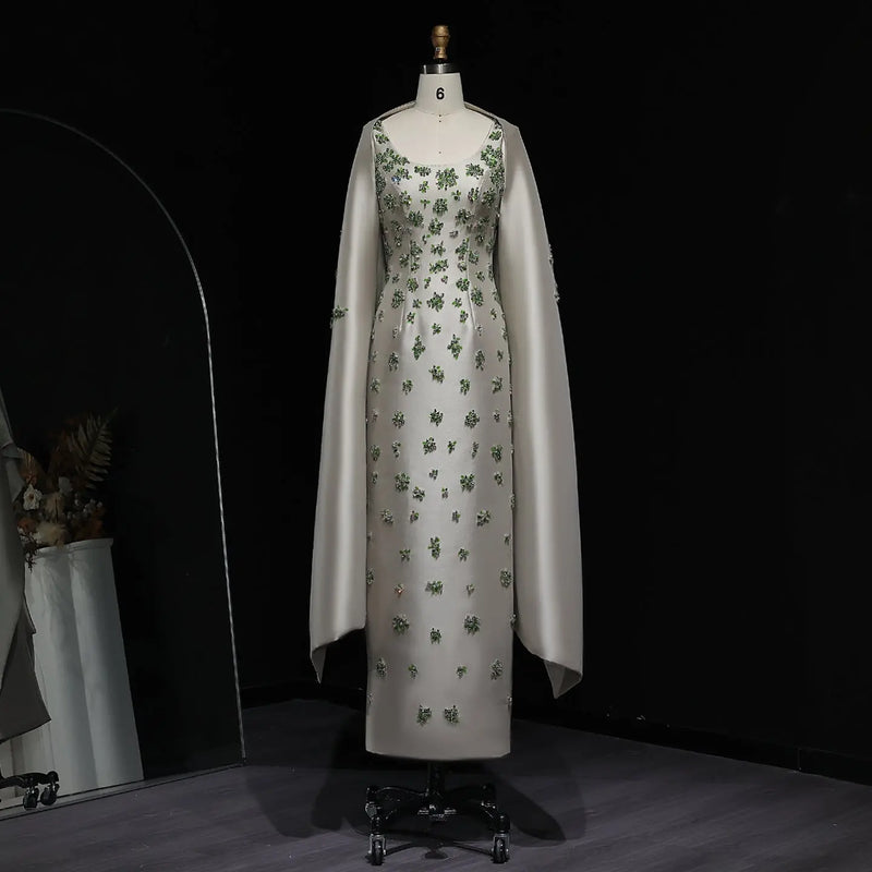 Chic Sage Green 3D Floral Beaded Evening Dress with Cape SS536 