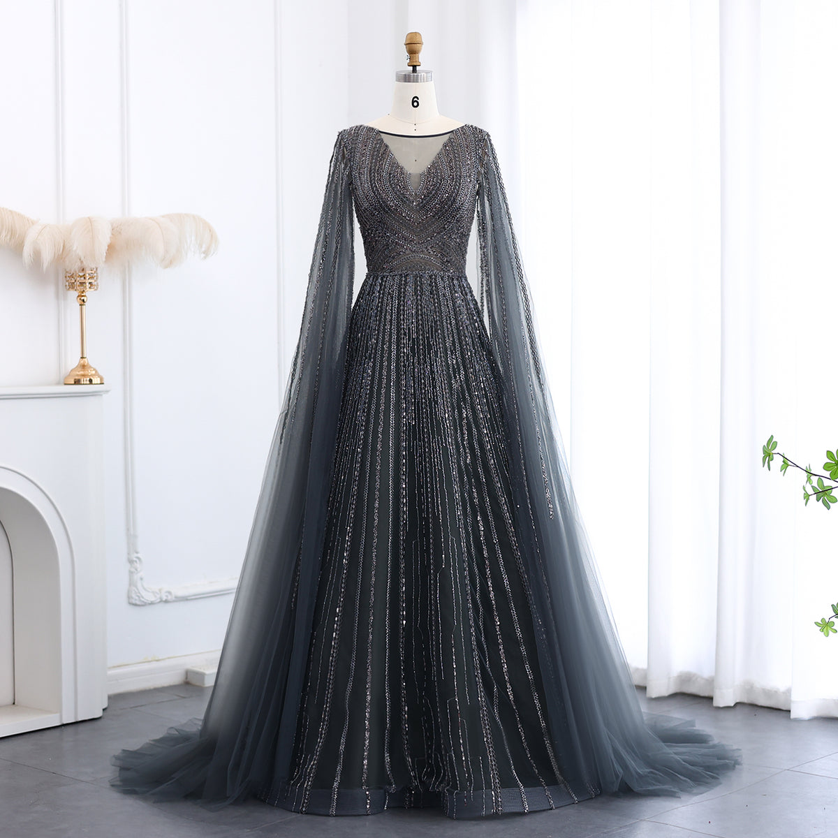 Luxury Gray Green Evening Dress with Cape Sleeves SS005