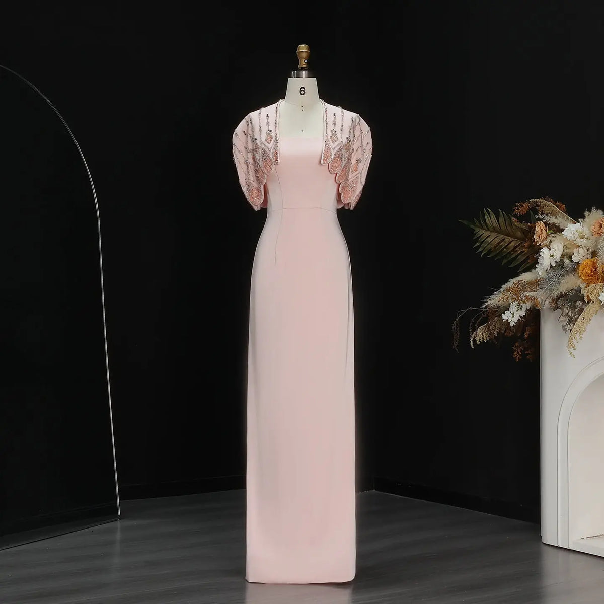 Pink Strapless Beaded Capelet Evening Dress SS302