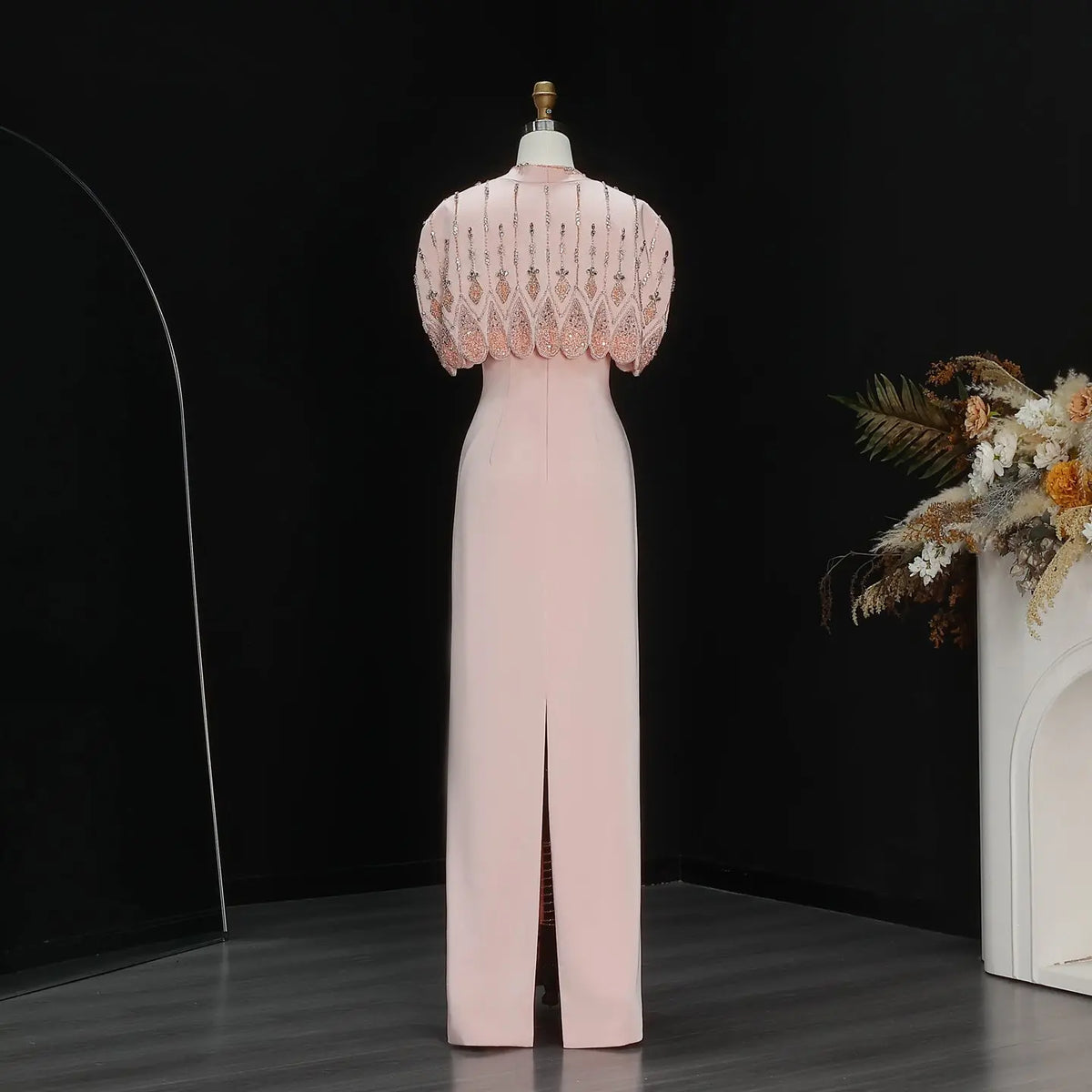 Pink Strapless Beaded Capelet Evening Dress SS302-4