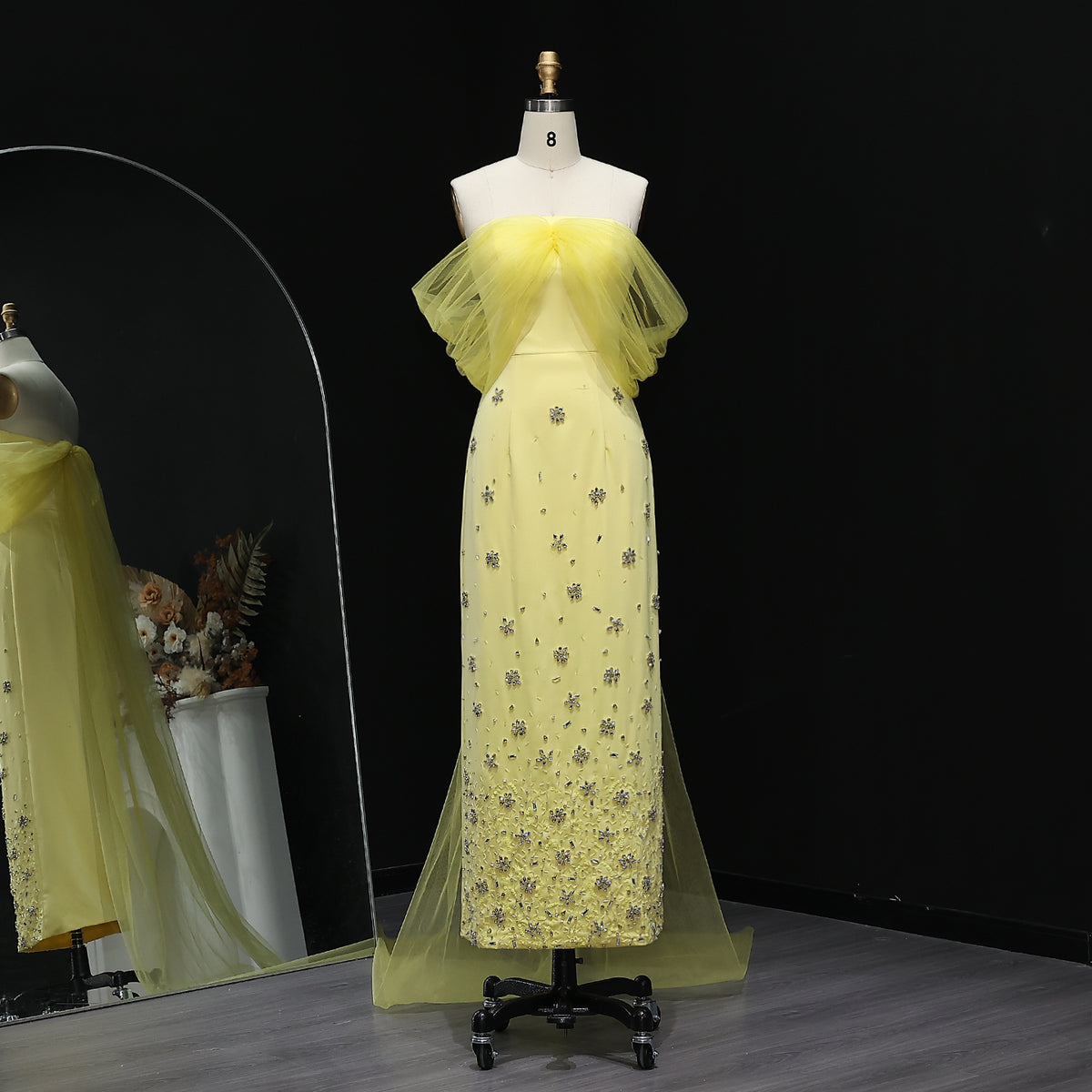 Luxury Yellow Crystal Beaded Floral Evening Dress with Sheer Shawl XD018 