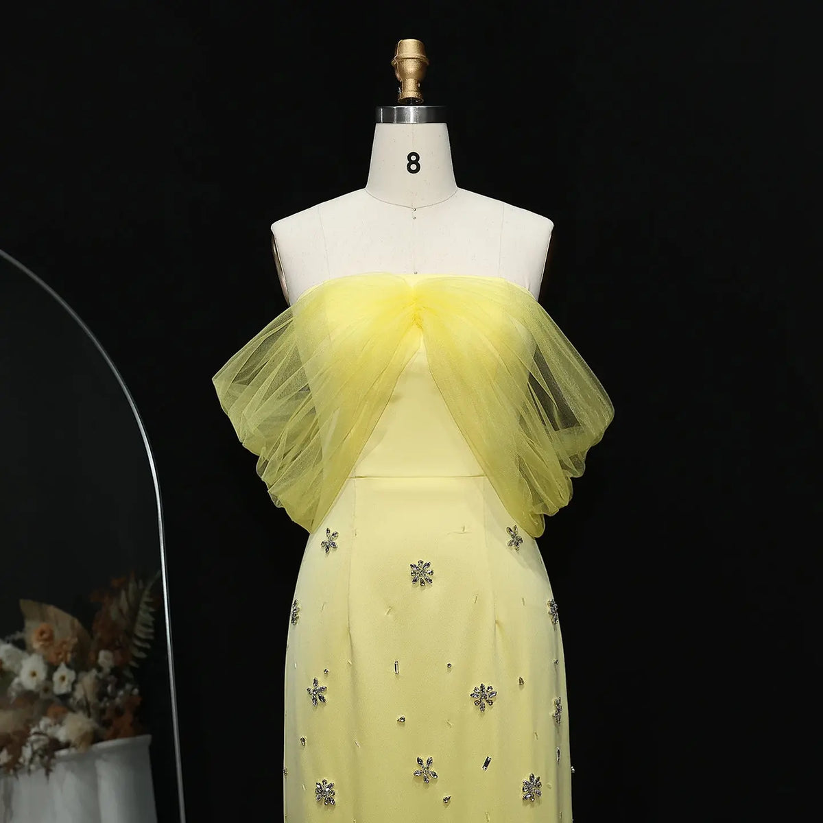 Final Sale Luxury Yellow Crystal Beaded Floral Evening Dress with Sheer Shawl XD018 Final Sale Luxury Yellow Crystal Beaded Floral Evening Dress with Sheer Shawl XD018