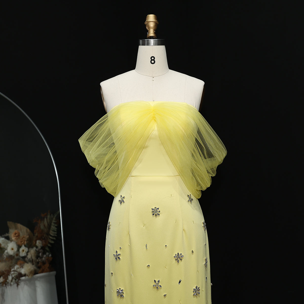 Luxury Yellow Crystal Beaded Floral Evening Dress with Sheer Shawl XD018 