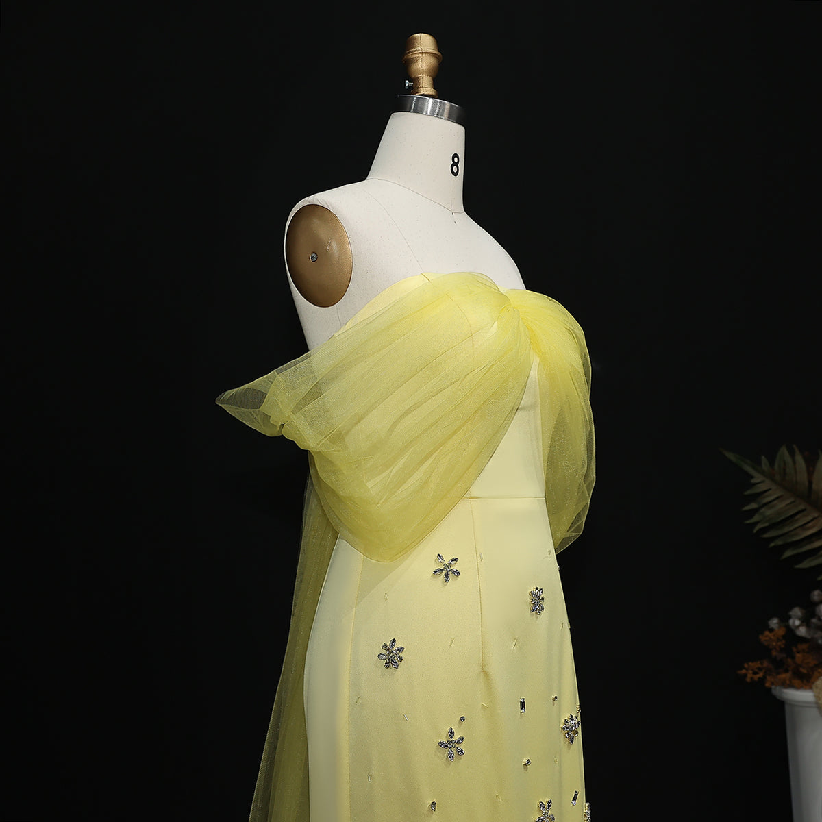 Luxury Yellow Crystal Beaded Floral Evening Dress with Sheer Shawl XD018 