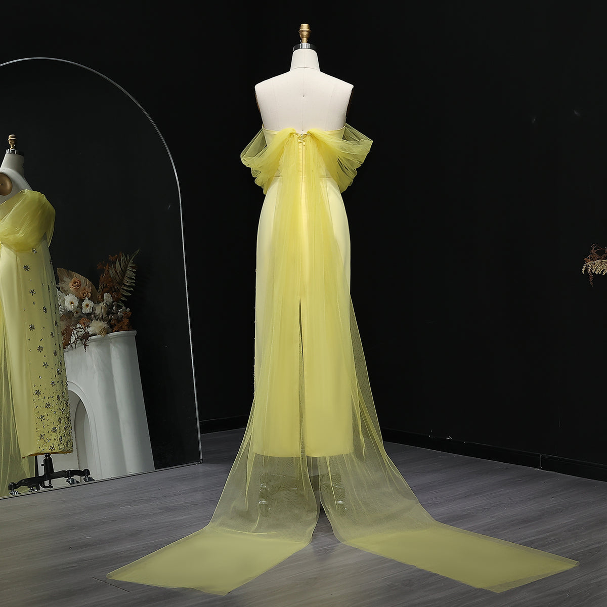 Luxury Yellow Crystal Beaded Floral Evening Dress with Sheer Shawl XD018 