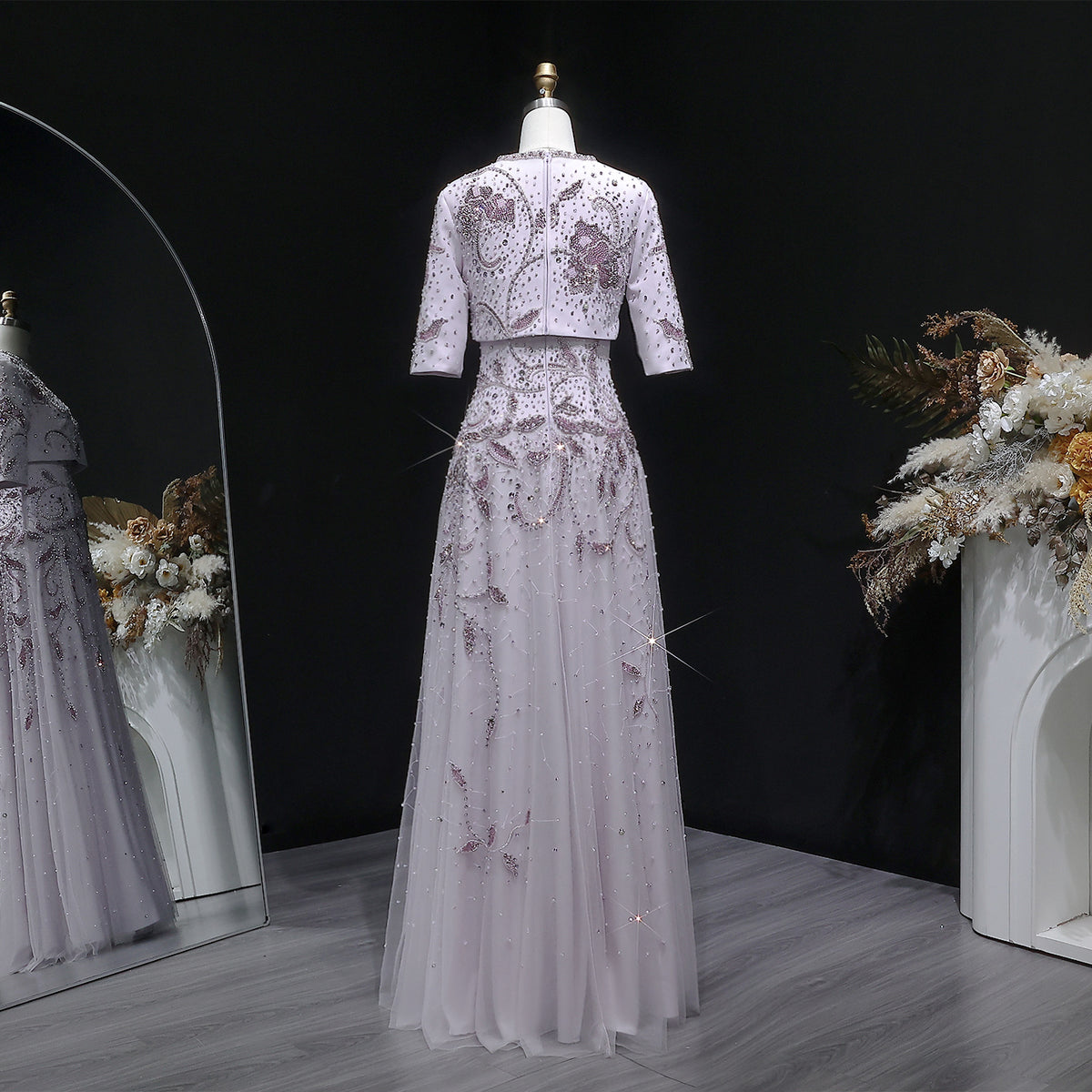 Luxury Blush Pink Crystal Short Sleeve 2 Pieces Evening Dress SS518 