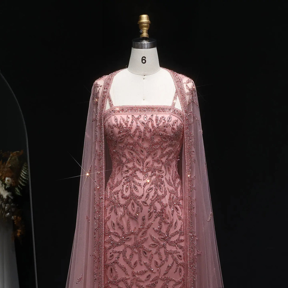 Elegant Pink Beaded Evening Gown with Sheer Cape SS393 
