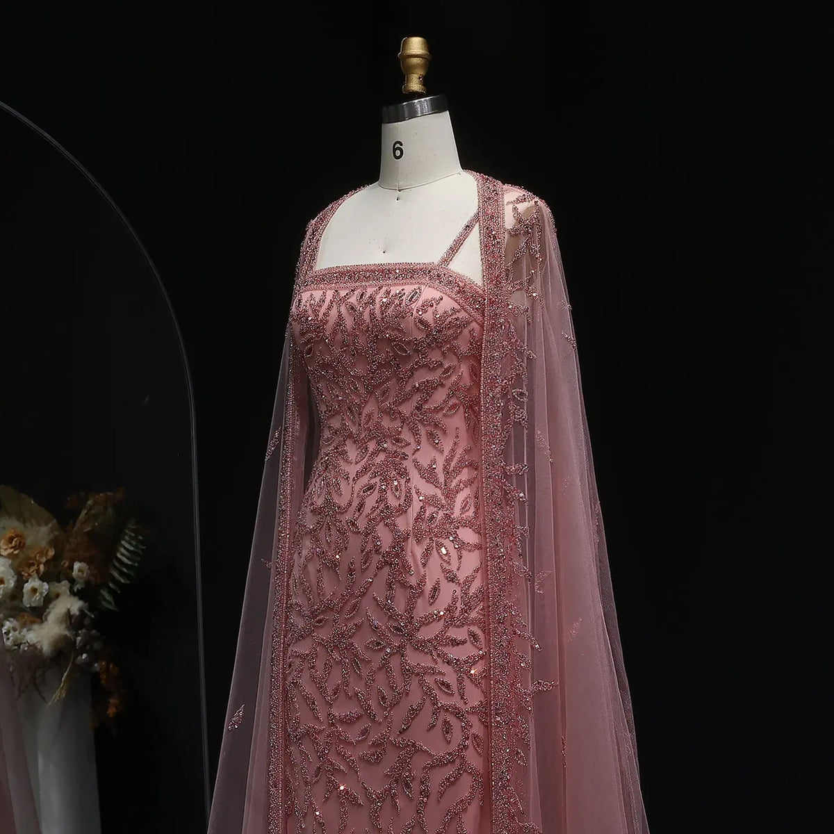 Elegant Pink Beaded Evening Gown with Sheer Cape SS393 