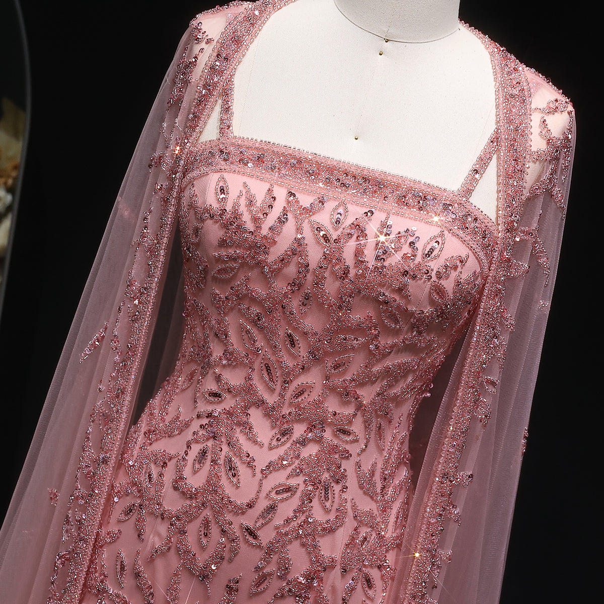 Elegant Pink Beaded Evening Gown with Sheer Cape SS393 
