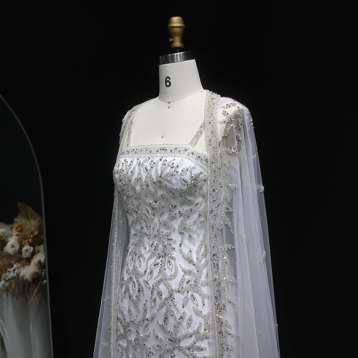 Elegant Pink Beaded Evening Gown with Sheer Cape SS393 