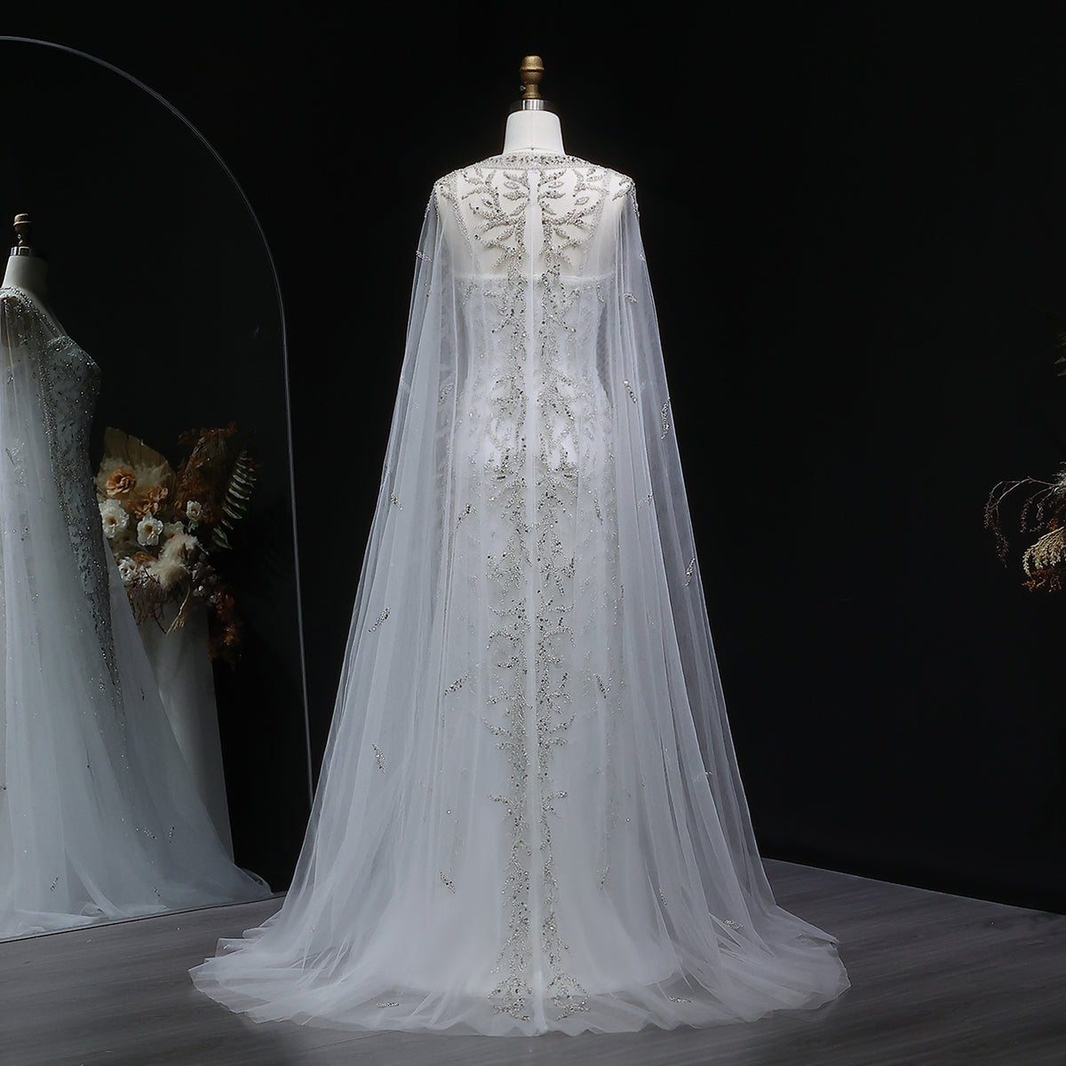 Elegant Pink Beaded Evening Gown with Sheer Cape SS393 