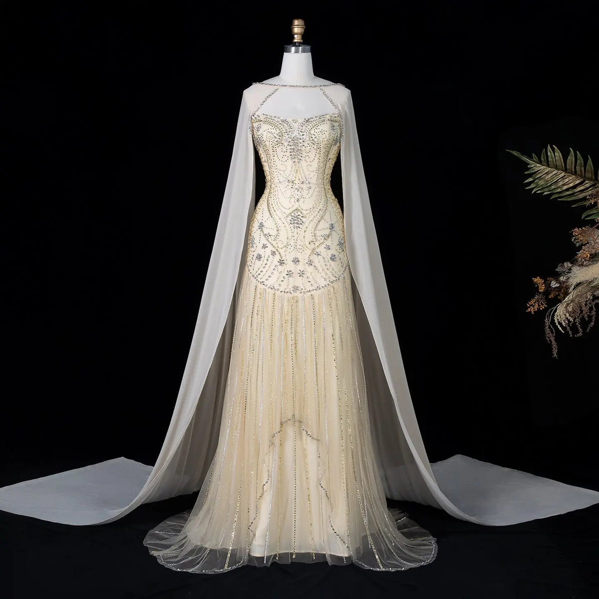 Yellow Cape Sleeve Mermaid Long Evening Dress SS526