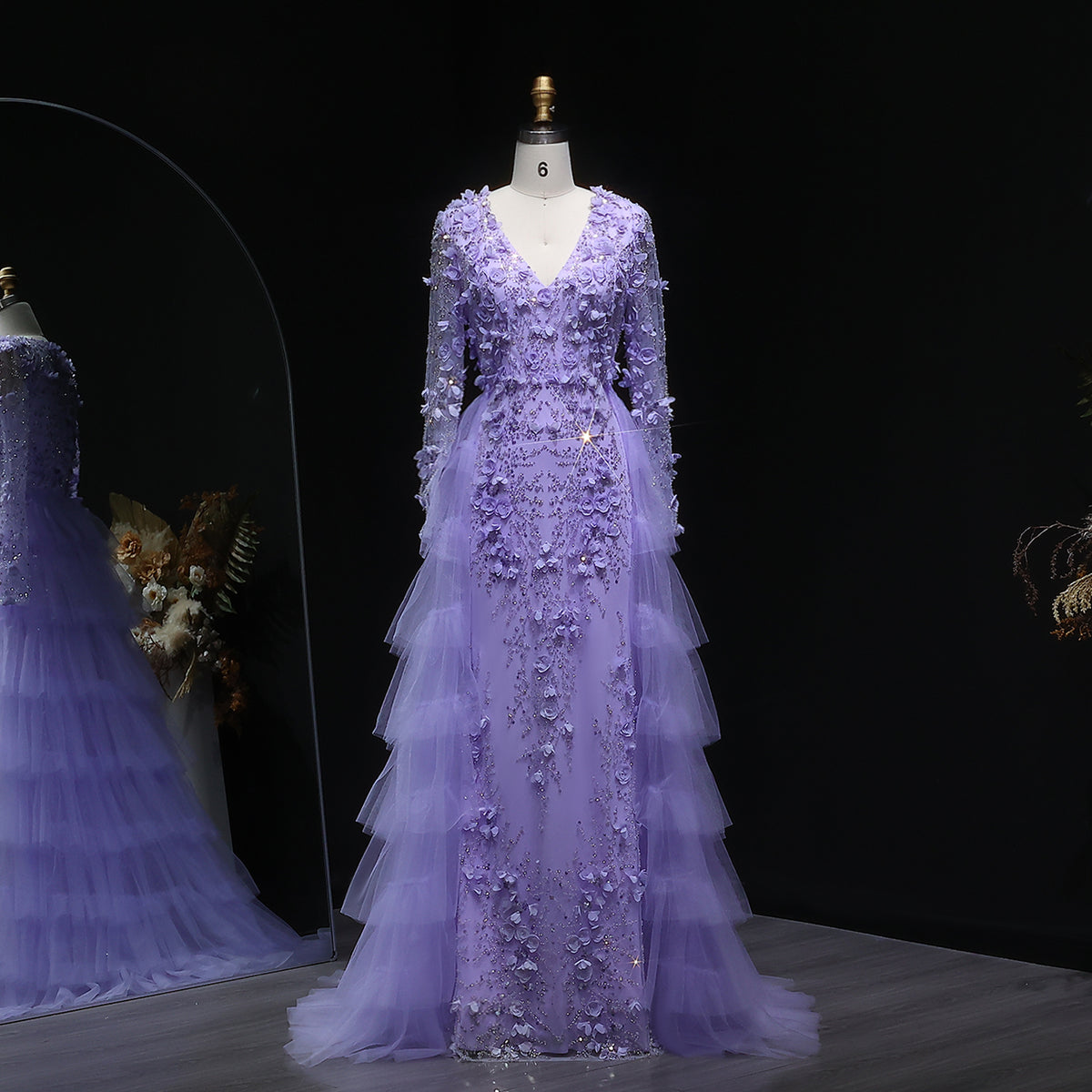 Luxury Lilac 3D Floral Mermaid Evening Dress with Overskirt SS637 