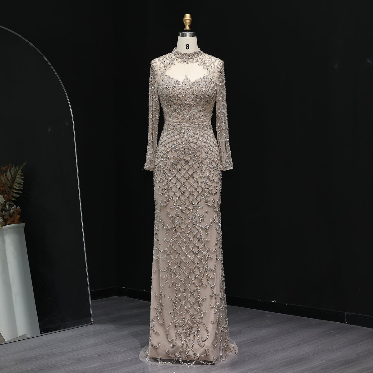 Heavy Beaded Luxury Champagne Long Sleeves Evening Dress SS097