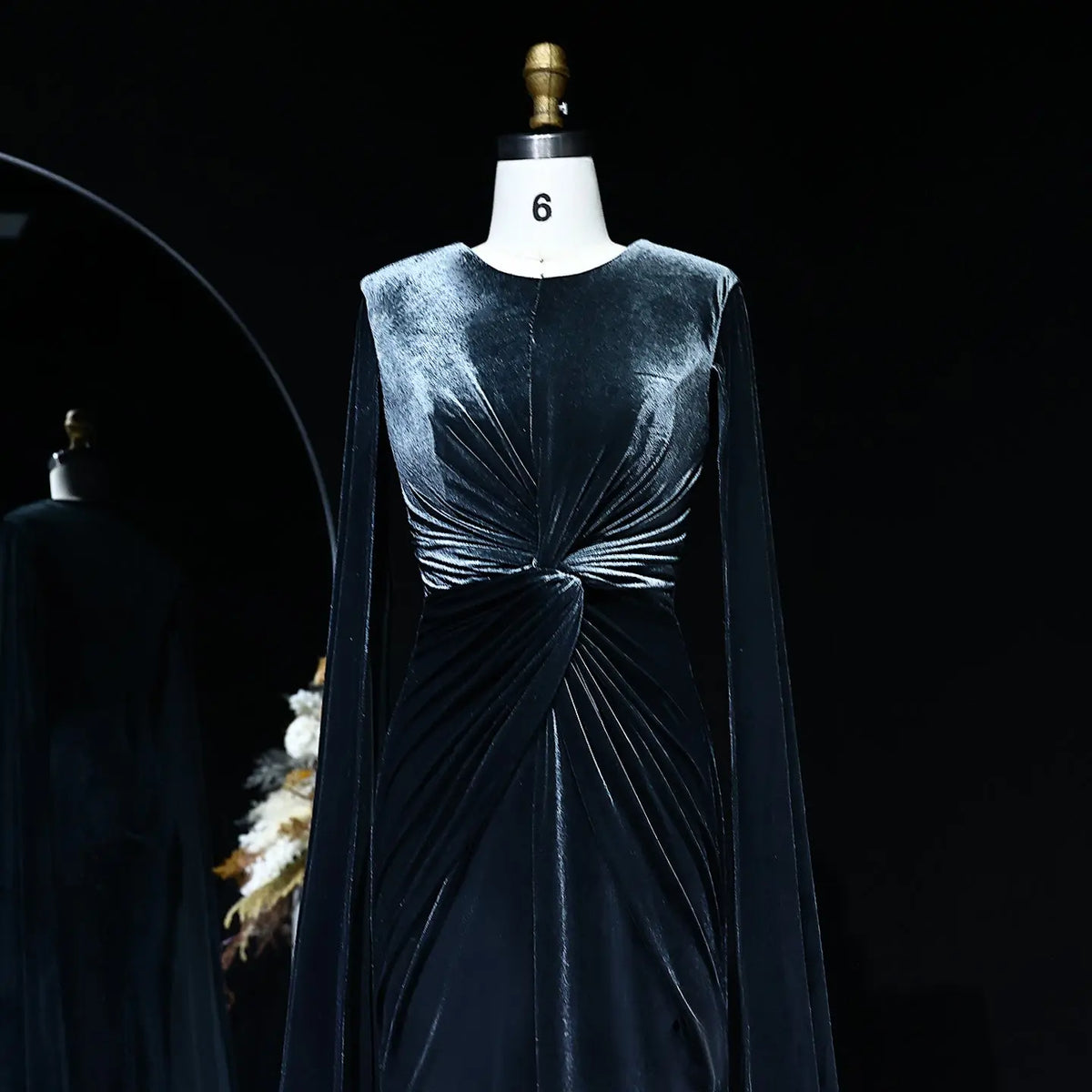 Elegant Dark Blue Velvet Evening Dress with Cape Sleeve SF243 Elegant Dark Blue Velvet Evening Dress with Cape Sleeve SF243