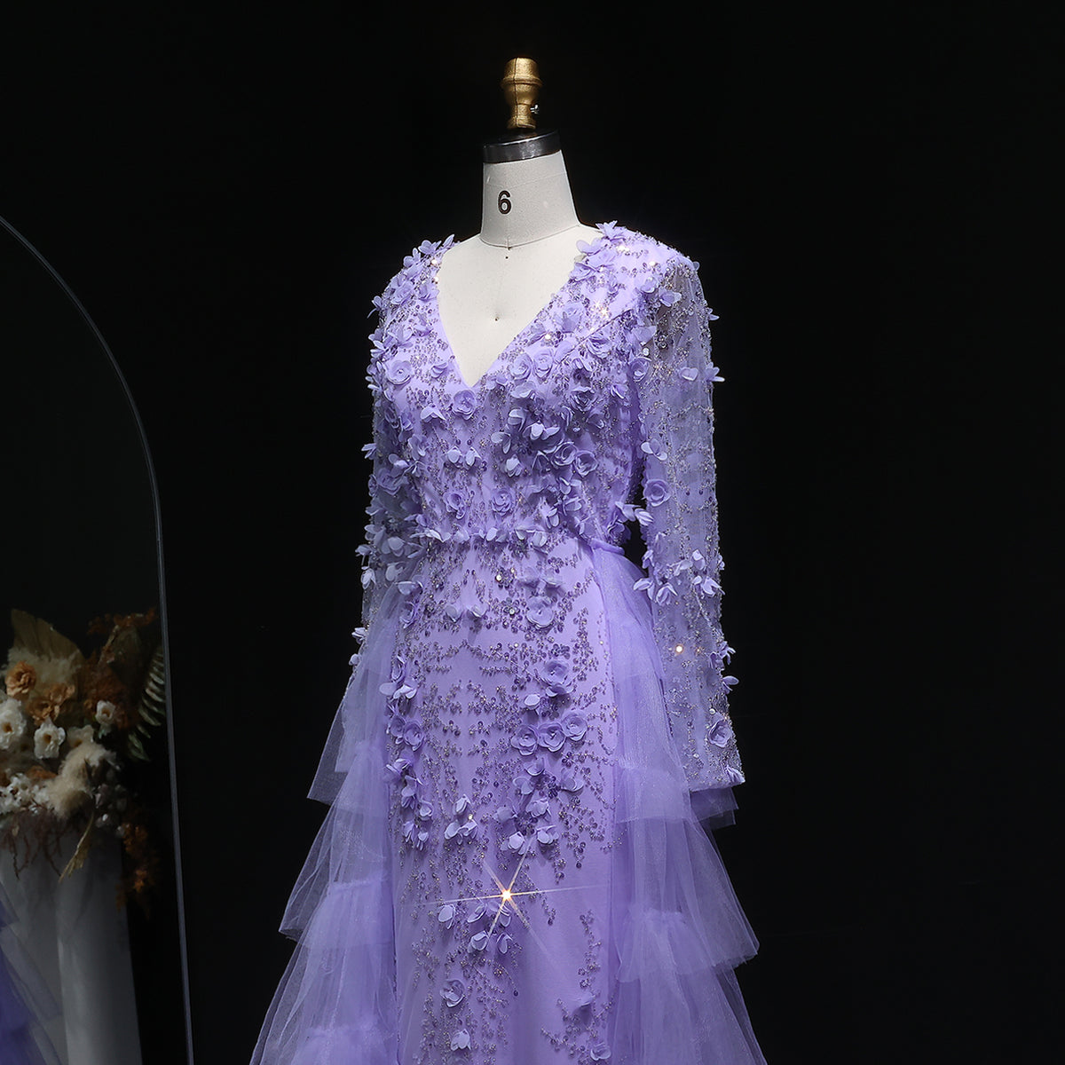 Luxury Lilac 3D Floral Mermaid Evening Dress with Overskirt SS637 