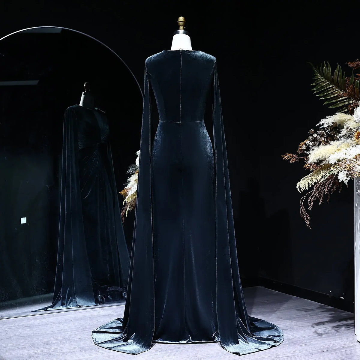 Elegant Dark Blue Velvet Evening Dress with Cape Sleeve SF243 Elegant Dark Blue Velvet Evening Dress with Cape Sleeve SF243