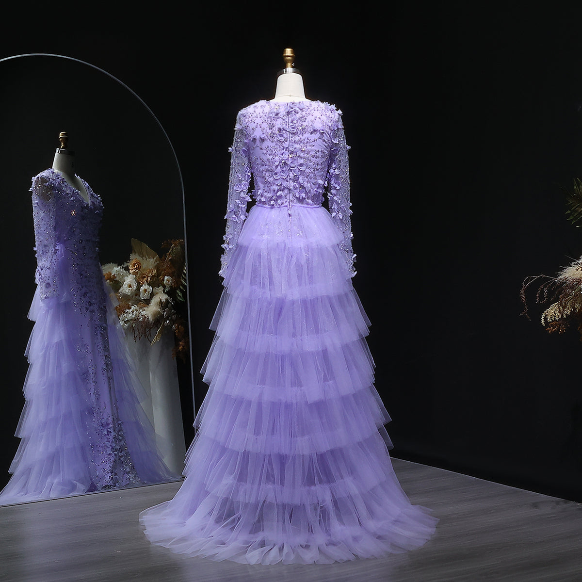 Luxury Lilac 3D Floral Mermaid Evening Dress with Overskirt SS637 