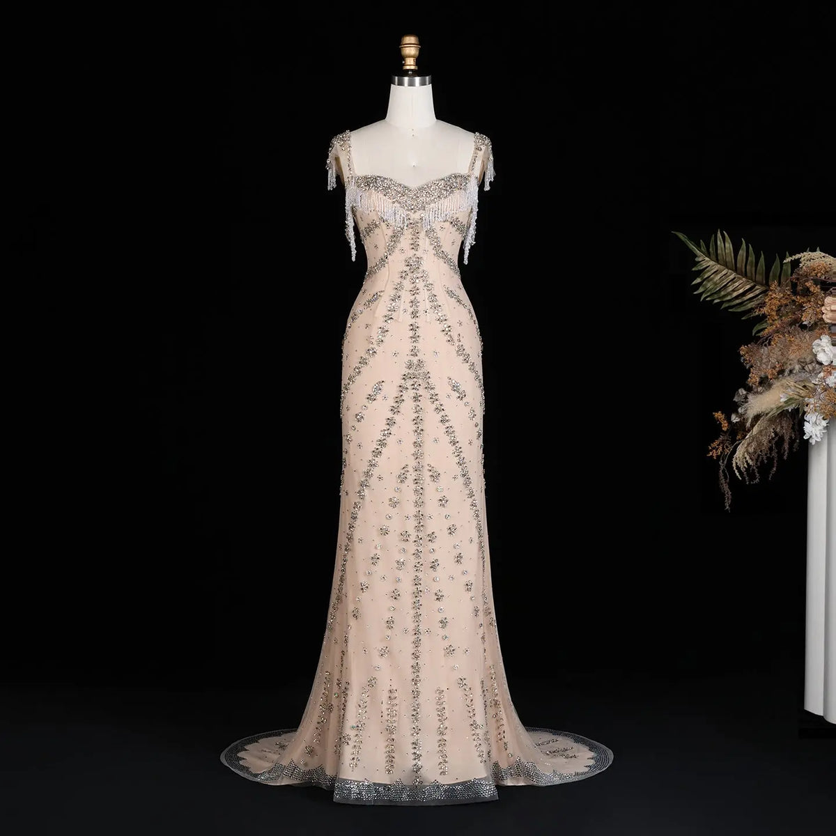 Luxury Crystal Tassel Nude Mermaid Evening Dress SS358