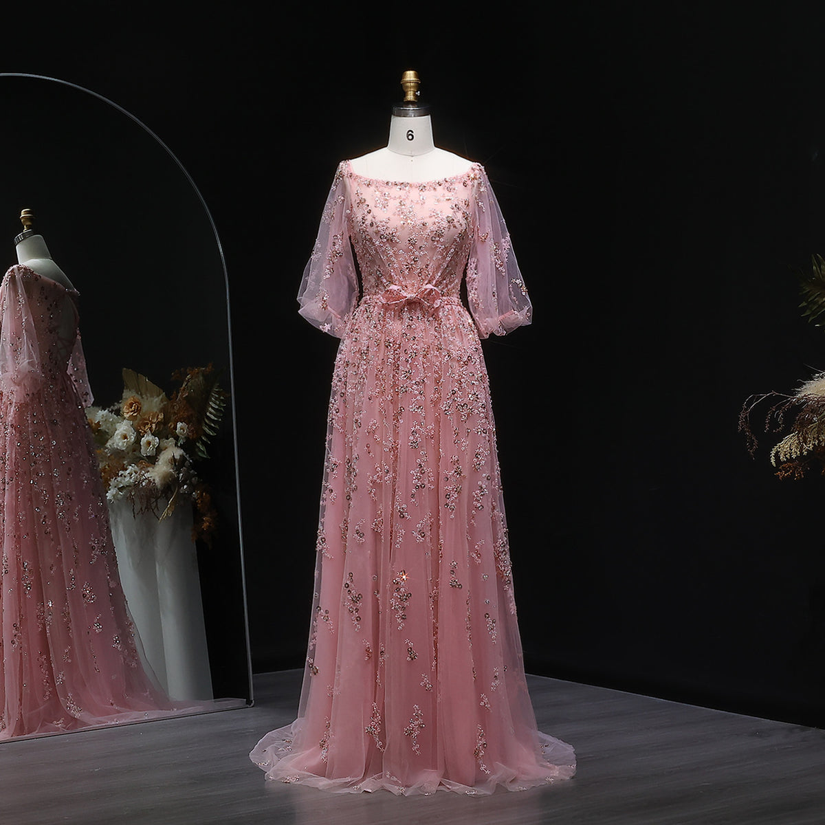 Elegant Beaded Sequin Pink Long Sleeve Evening Dress with Bow SS230 