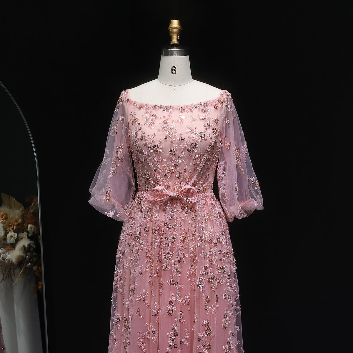 Elegant Beaded Sequin Pink Long Sleeve Evening Dress with Bow SS230 