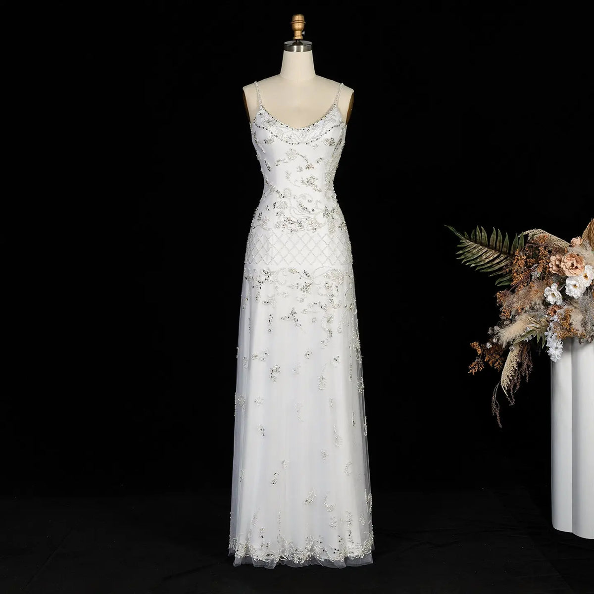 White Beaded Rhinestone Backless Evening Dress SS576