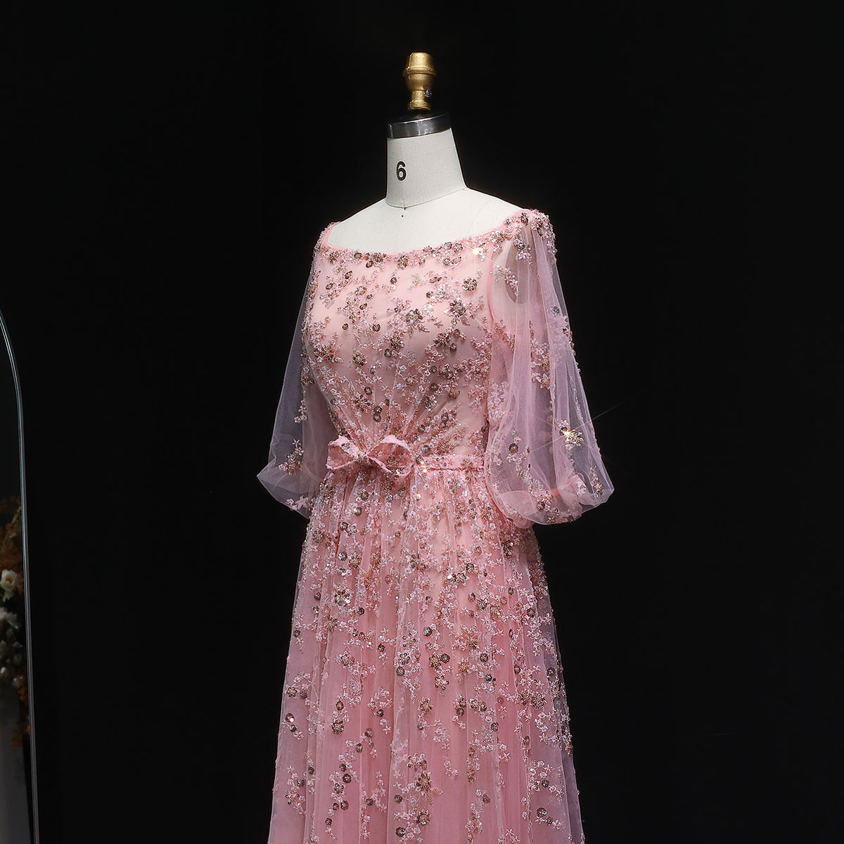 Elegant Beaded Sequin Pink Long Sleeve Evening Dress with Bow SS230 