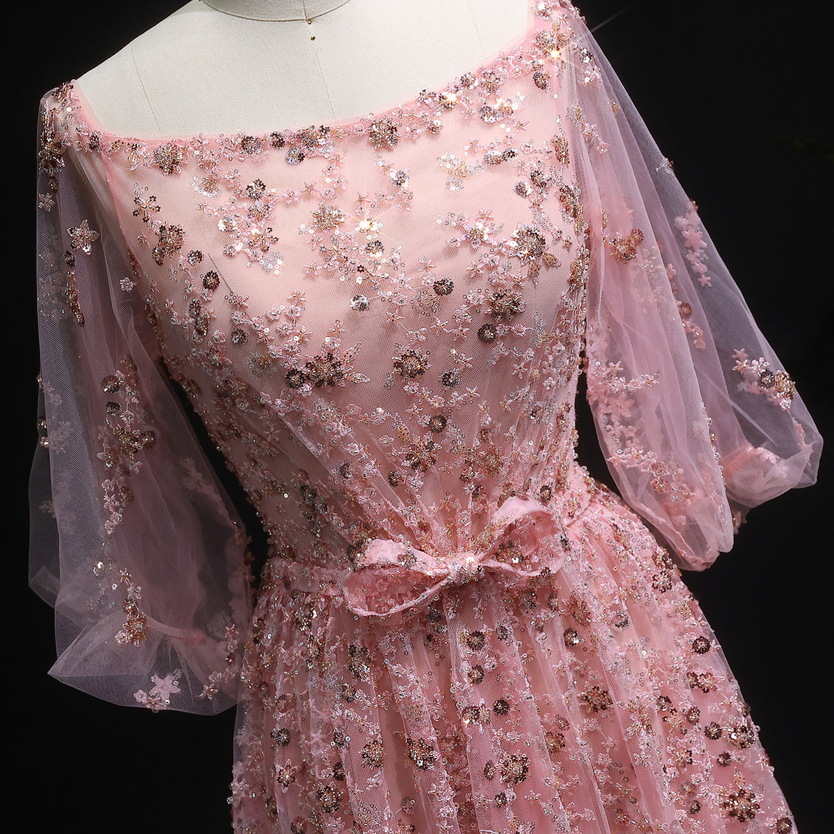 Elegant Beaded Sequin Pink Long Sleeve Evening Dress with Bow SS230 