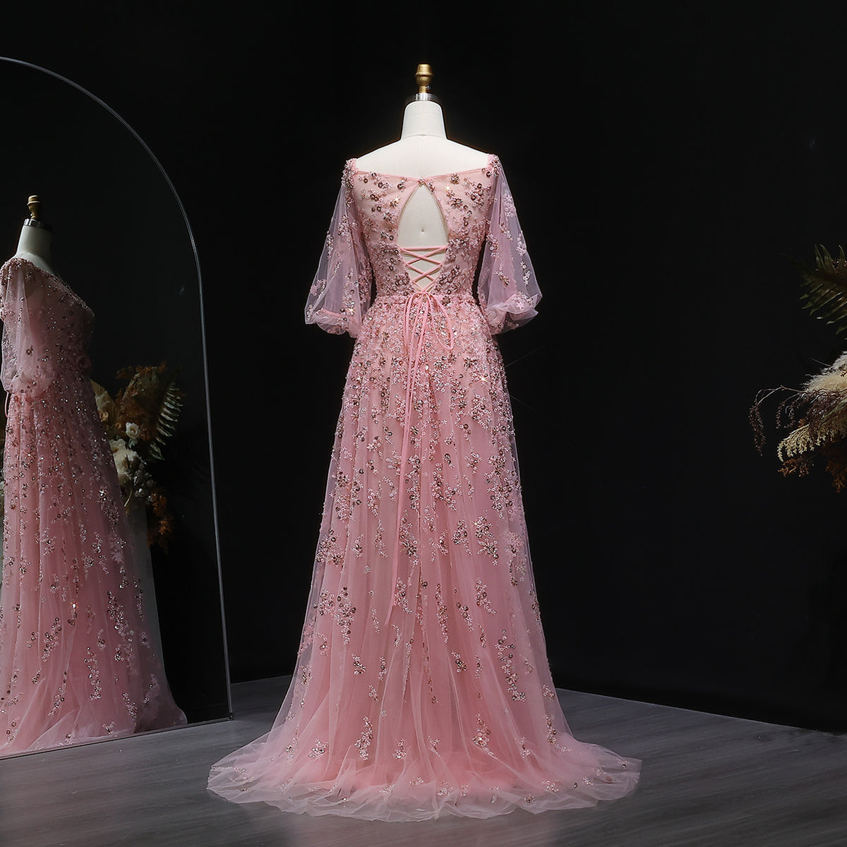 Elegant Beaded Sequin Pink Long Sleeve Evening Dress with Bow SS230 