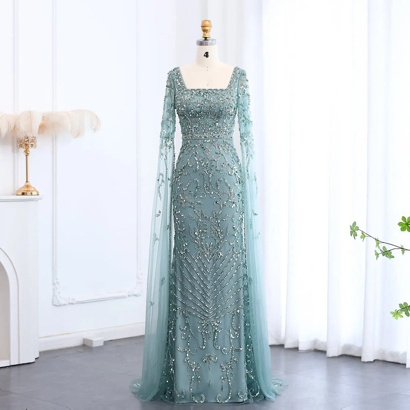 Luxury Turquoise Beaded Mermaid Evening Dress with Cape Sleeves SS469 