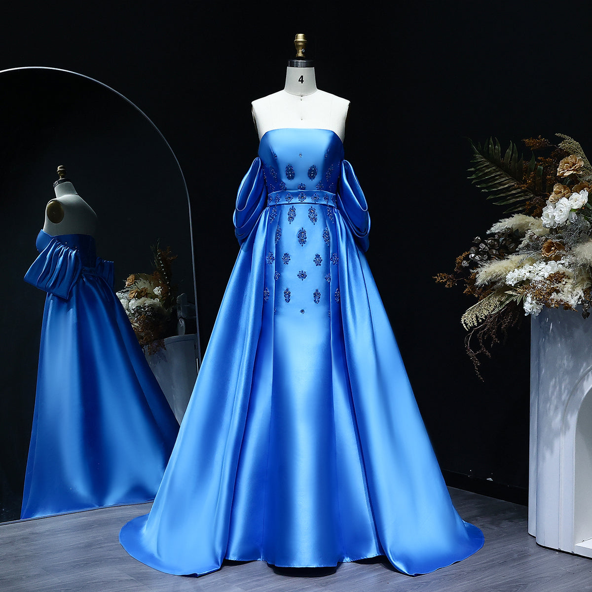 Elegant Blue Strapless Evening Dress with Detachable Overskirt SS255