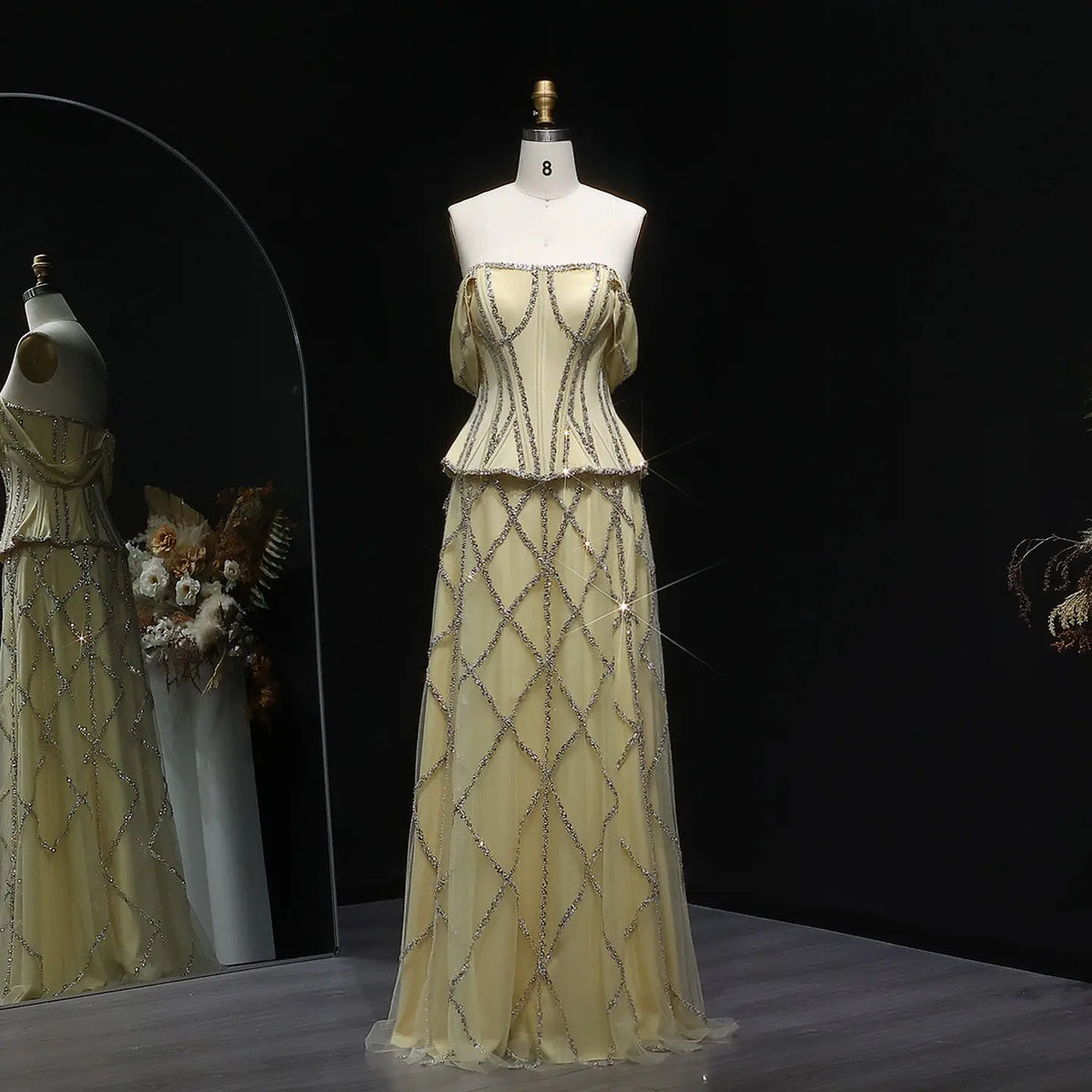 Luxury Yellow Sequin Beaded Off-the-Shoulder Corset Evening Dress SS516 