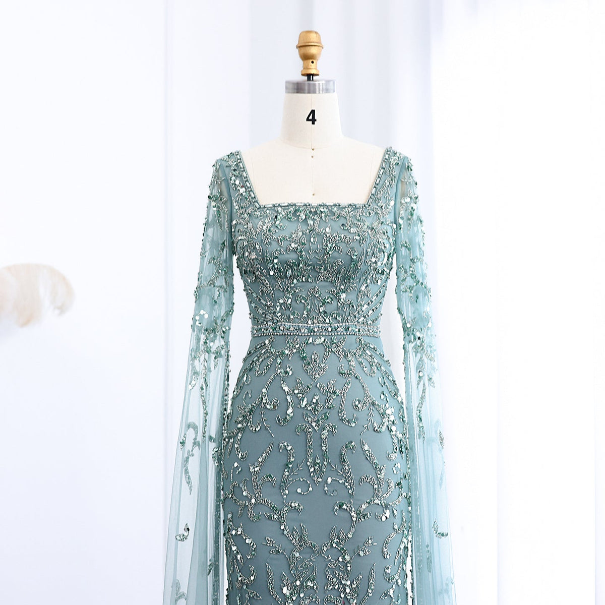 Luxury Turquoise Beaded Mermaid Evening Dress with Cape Sleeves SS469