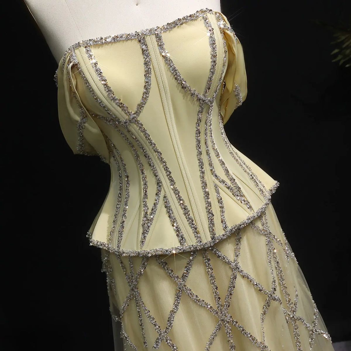 Luxury Yellow Sequin Beaded Off-the-Shoulder Corset Evening Dress SS516 